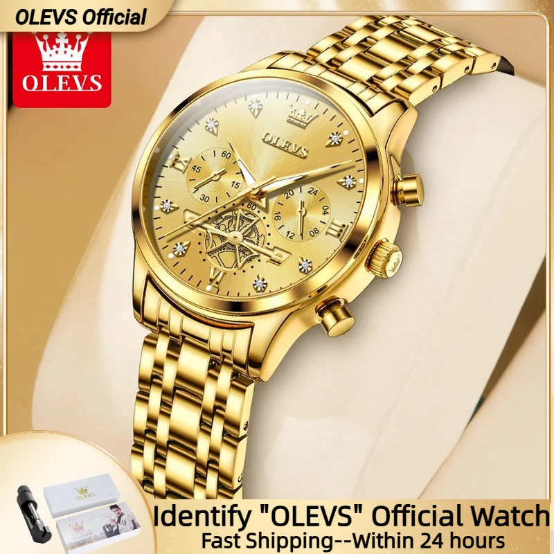 OLEVS Flywheel Skeleton Women Quartz Watch Stainless Steel Chronograph Waterproof Luminous Ladies Bracelet Watch for Women Set