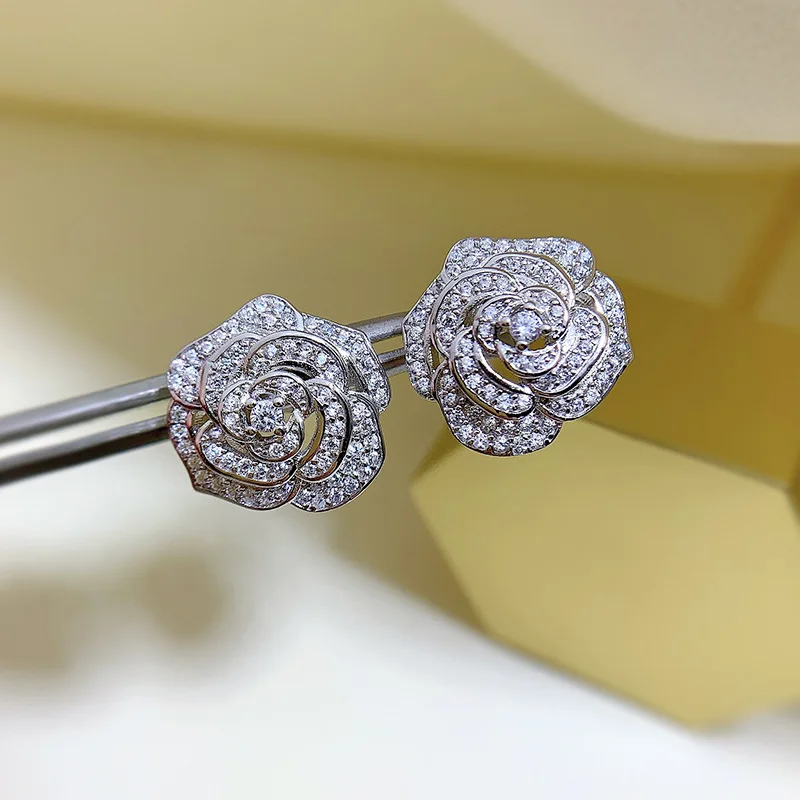 S925 Sterling Silver Light Luxury Small Fragrant Wind Mountain Camellia Earrings Exquisite Temperament Rose Earrings