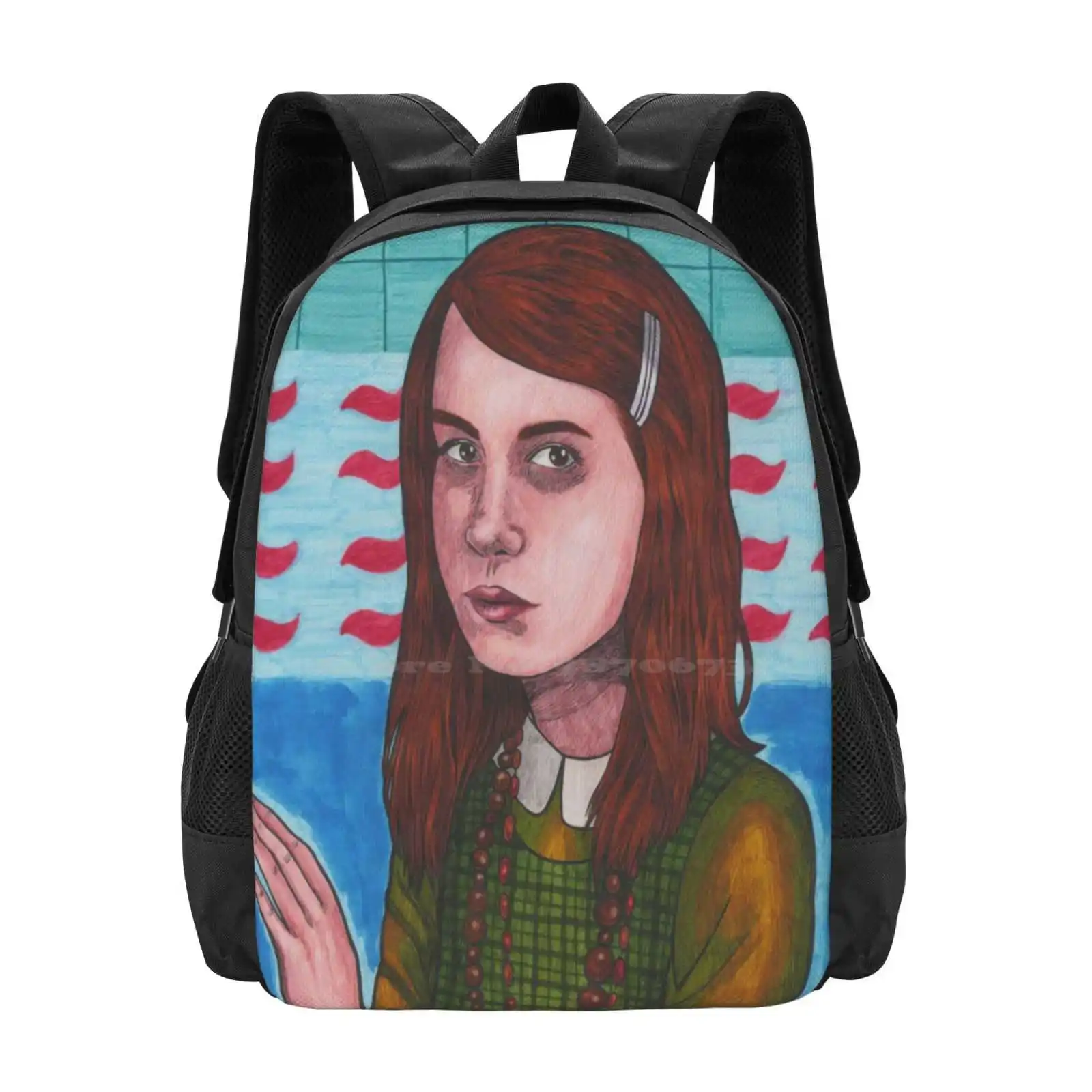 Mochila con diseño de impresión 3D Genie, bolso de estudiante, retrato de niña Genie de los años 70, cuentas Vintage de Hospital, patrón azul y verde, cara Retro marrón