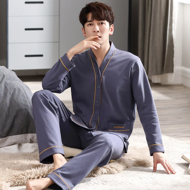 Men Pajamas Suit Long sleeved Pure Cotton Simple Casual Cardigan V-neck Homewear Set All Plus Size Breathable Autumn Sleepwear