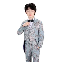 Boys Formal Tuxedo Wedding Suit Kids Vest Jacket Pant Bowtie 4pcs Piano Performance Costume Children's Photography Dress
