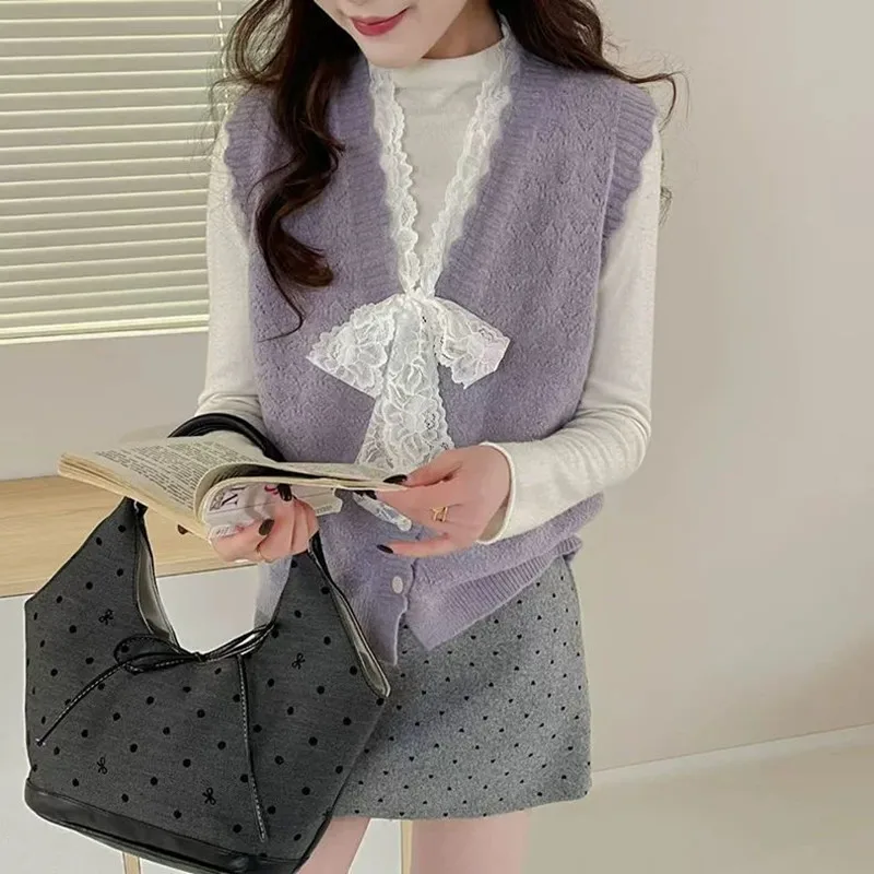 2026 Woman Lace Bow Knitted Vest Spring Autumn V-neck Sleeveless Cardigan Female Korean Fashion Loose All-match Short Waistcoat