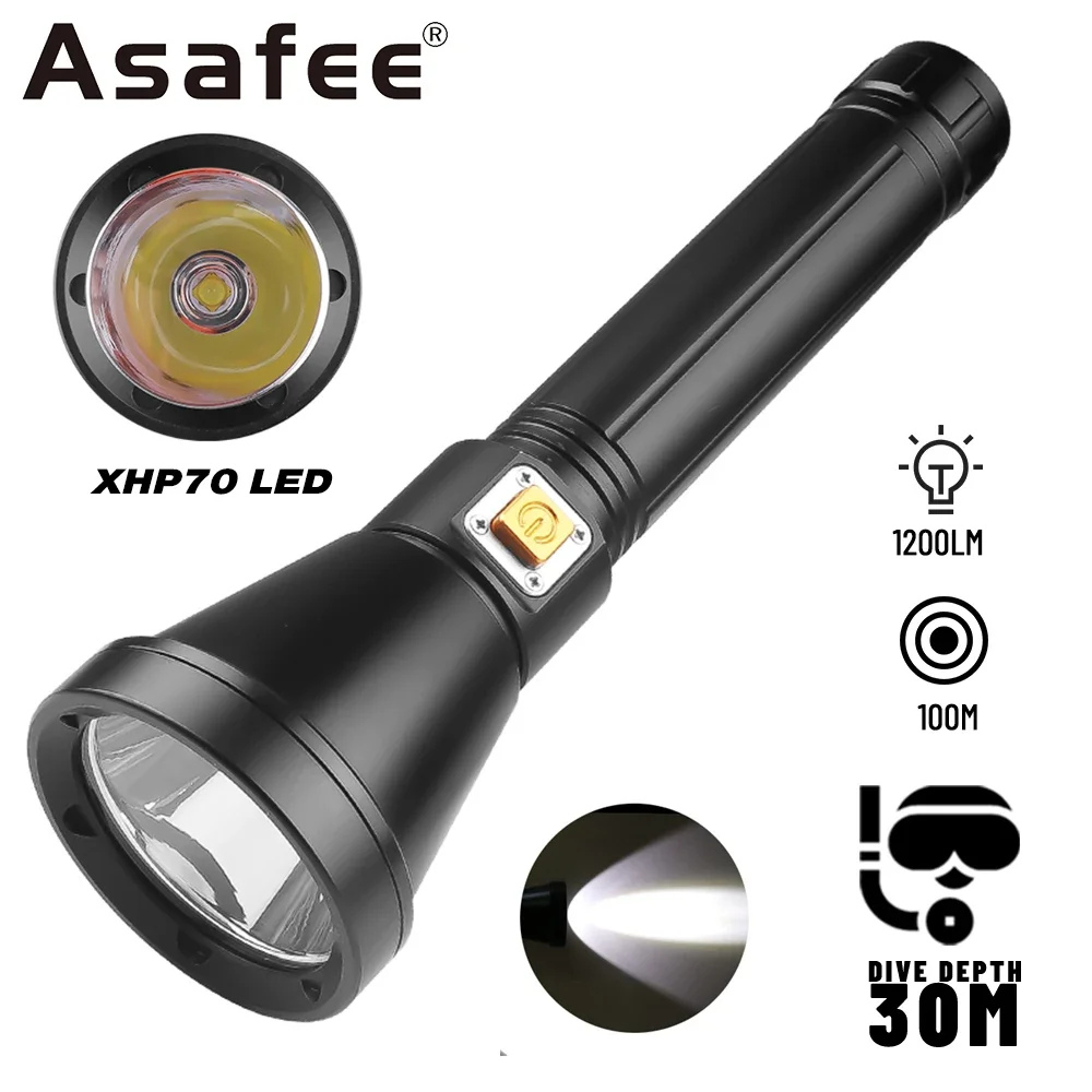 Asafee 30M Underwater Diving Flashlight XHP70 LED 1200LM 100M Range Torch IPX8 Waterproof 1 Mode High Light Lantern