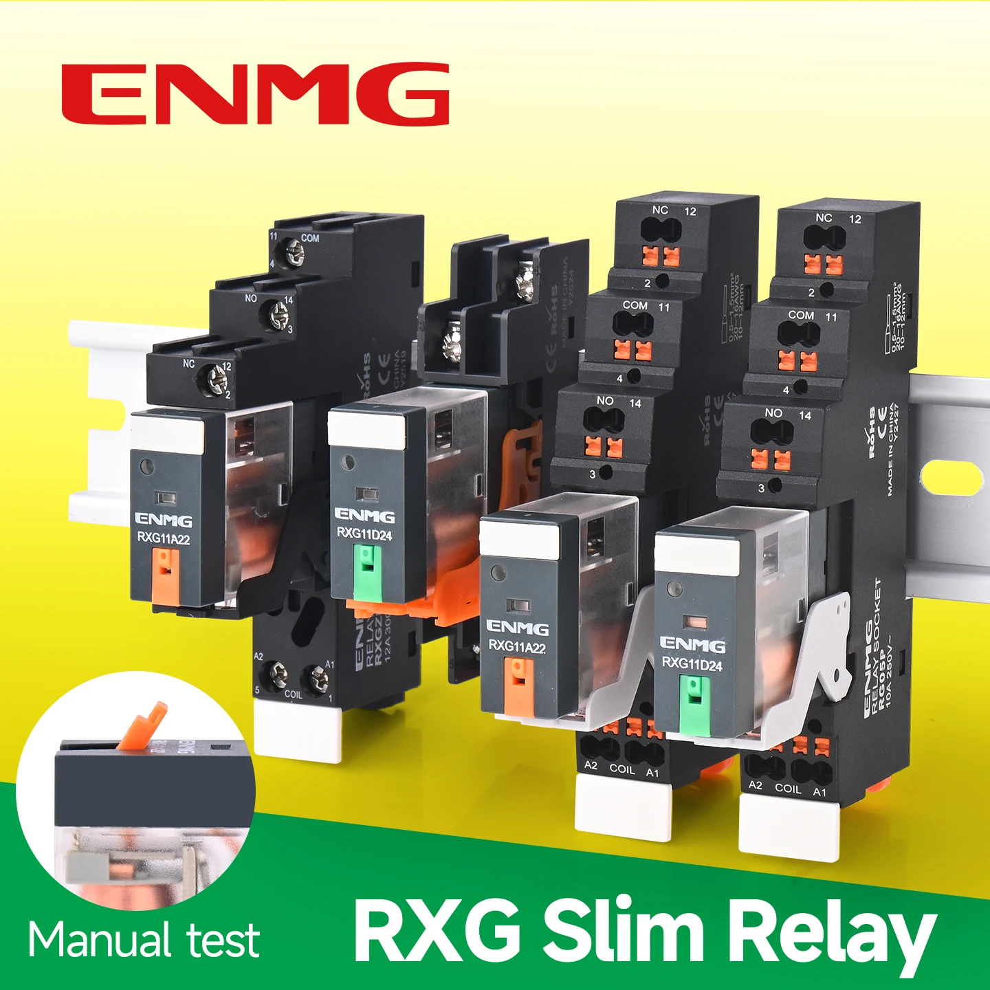 ENMG RXG21D24 Slim Miniature Intermediate Relay 24V DC Coil 220V AC DIN Rail with Test Button for Industrial Automation