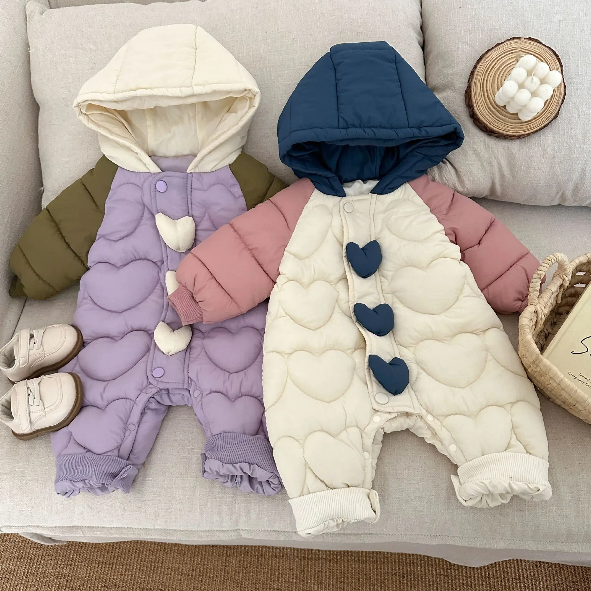 Baby Clothes Autumn Winter Cotton Jumpsuit Girls Color Blocking Heart Thickening Outdoor Rompers Baby Climbing Clothes