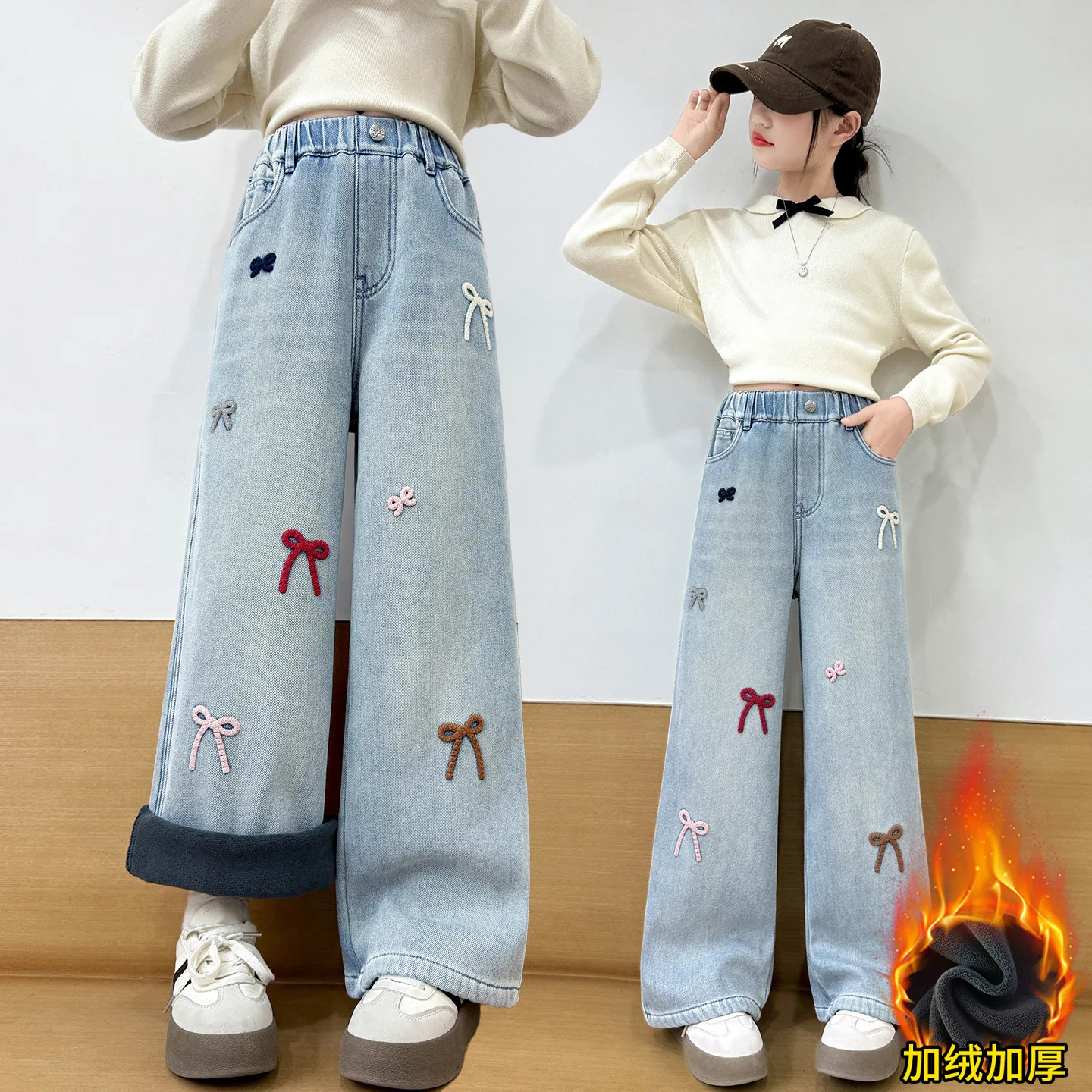 

New Kids Designer Winter Insulated Jeans with Bow For Girl Loose Straight Warm Fleece Lined Denim Pants Child 5 6 8 10 12 14 Y