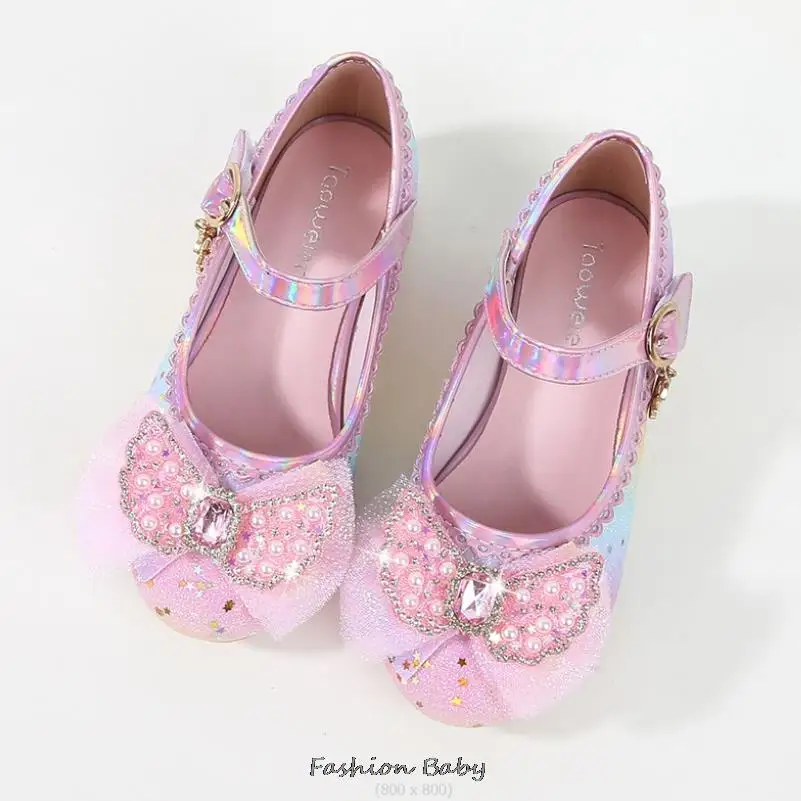 Leather Shoes Princess Shoes Children Shoes Round-Toe Soft-Sole Big Girls High Heel Princess Crystal Party Shoes Single Shoes