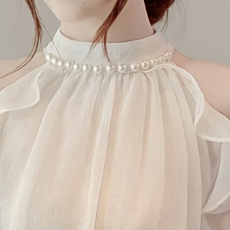 Halter Blouses Women Chiffon Shirts  Off-shoulder Loose Ruffles Gentle All-match Chic Spring Summer Tops Sweet Pearls Mujer