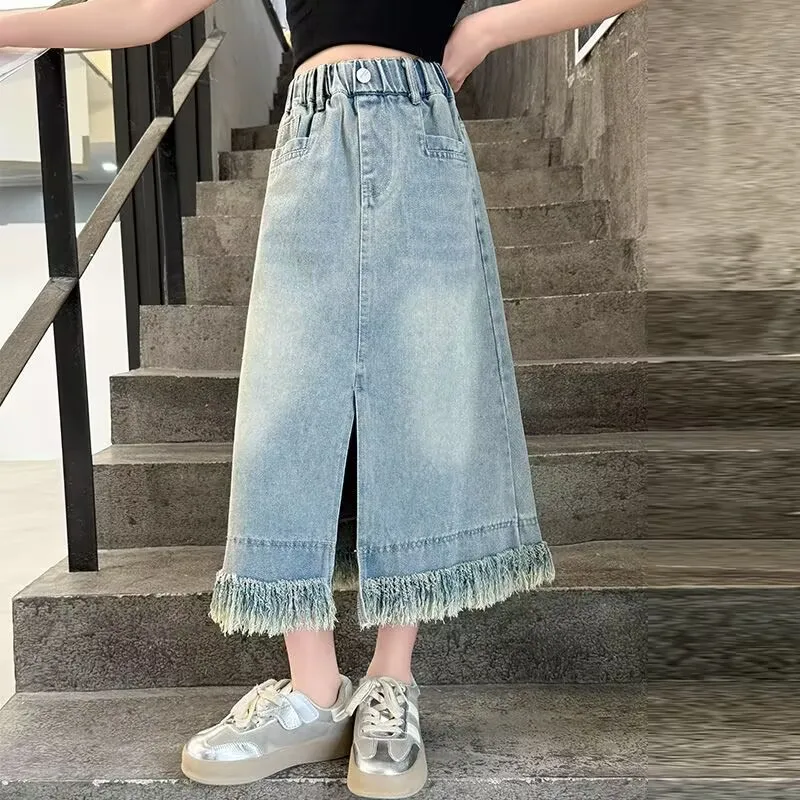 Fashion Design Kids Long Denim Skirt with Tassel for Tween Girl Trendy Streetwear Outfit Teen Child Casual Jeans Skirt With Slit