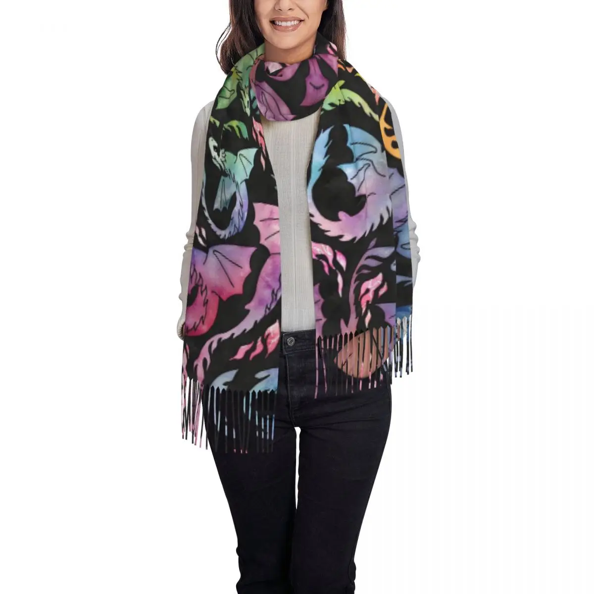 التنين النار الظلام قوس قزح وشاح شرابة الأوشحة النساء شالات دافئة لينة ويلتف كبير الخريف الشتاء شال التفاف