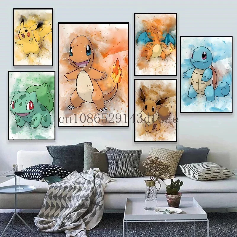 

Anime Pokemon Canvas Painting Bulbasaur Charmander Squirtle Poster and Print Watercolor Wall Art Picture Home Decor Kids Gifts