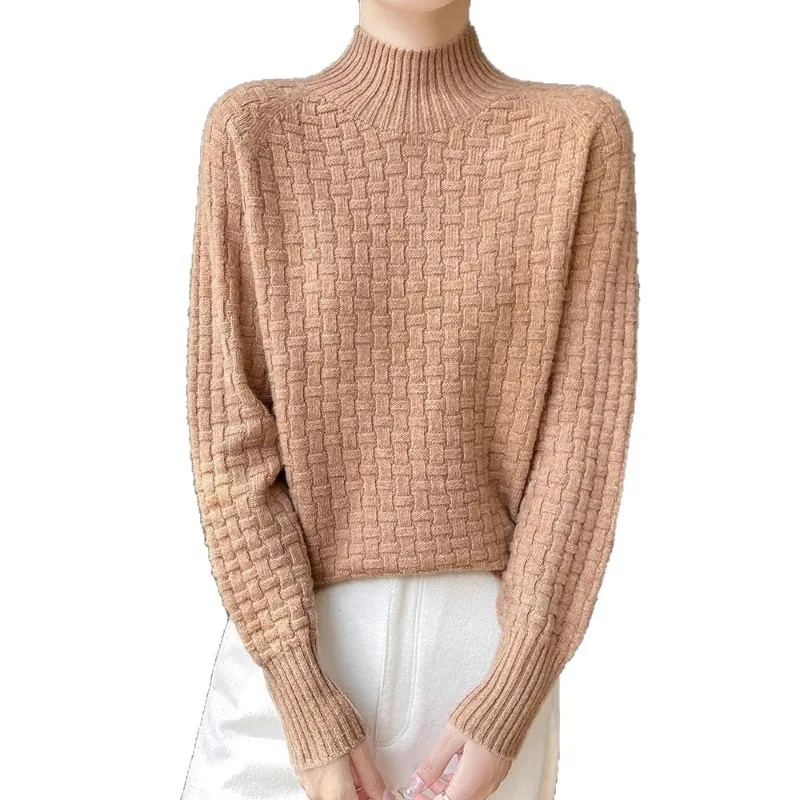 Women Mock Neck Woven Texture Knit Sweater Thick Warm Base Top