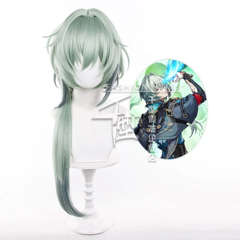 هونكاي ستار السكك الحديدية أنكسا شعر مستعار تأثيري Anaxagoras تأثيري الأخضر طويل ذيل حصان مقاومة للحرارة الباروكات الرجال ورثة كرنفال اللعب الدعامة