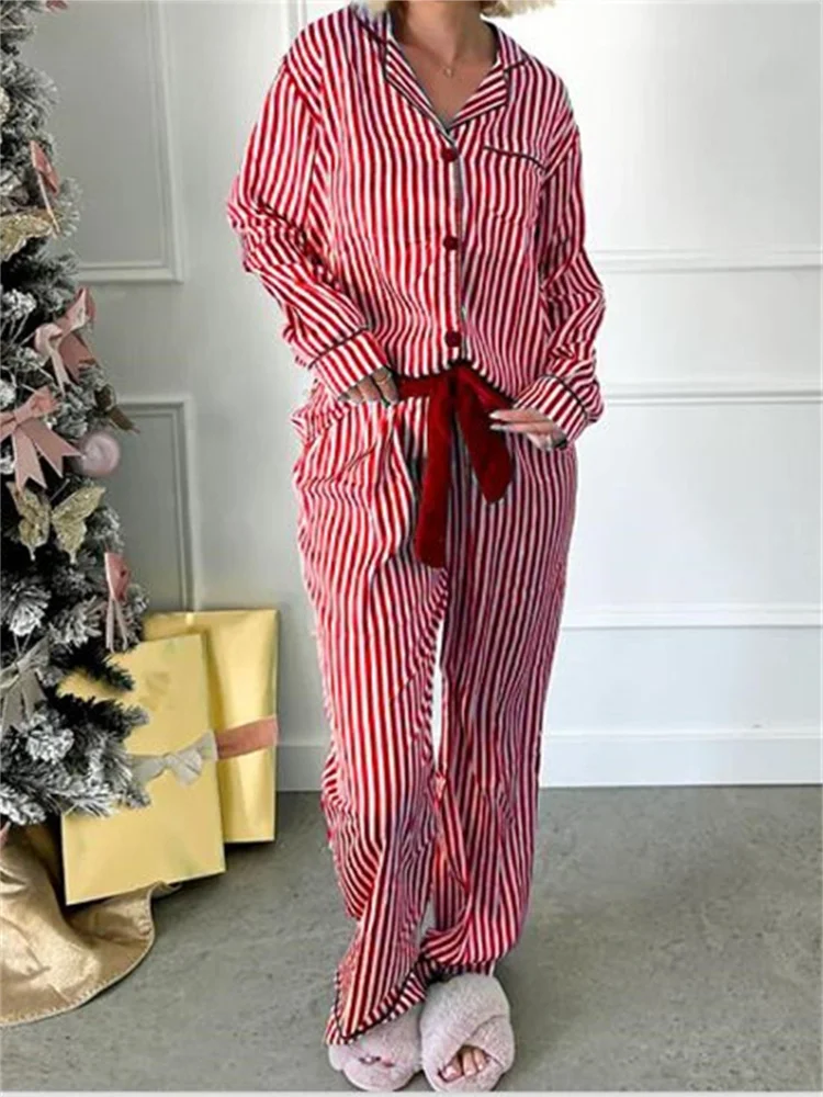 CHRONSTYLE Women 2pcs Christmas Striped Print Pajama Sets Long Sleeve Buttons Up Shirts Tops with Elastic Waist Pants Sleepwear