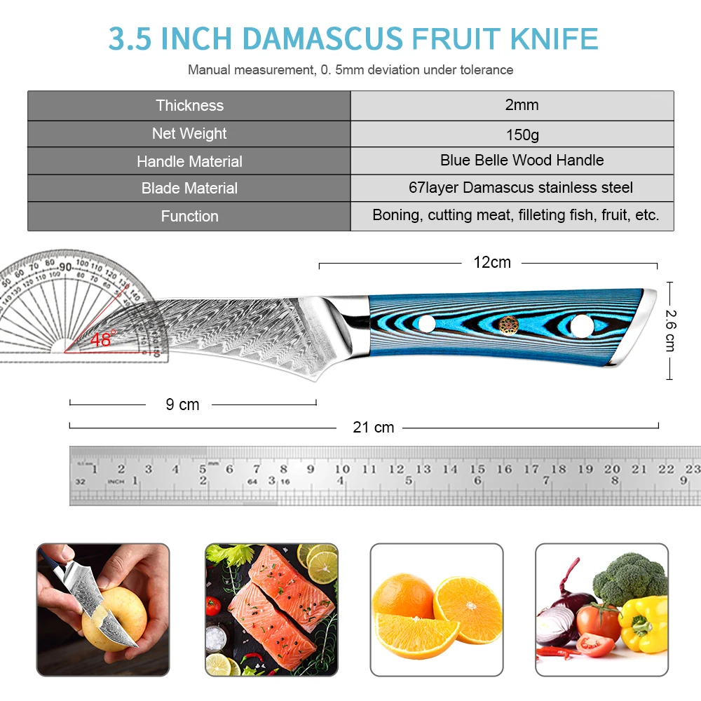 XITUO Damascus Paring Knife 3.5 Inch Curved Edge Fruit Knife Vg10 Steel Core Damascus Blade Peeling Knife Pakkawood Handle