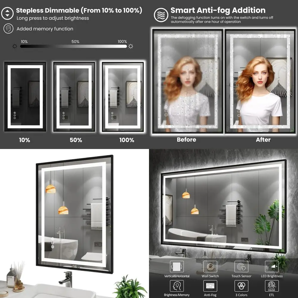 

24x32 LED-Illuminated Bathroom Mirror, Black Frame, Step Dimming, Anti-Fog, Shatterproof, Memory Setting, 3 Color Options, Doubl