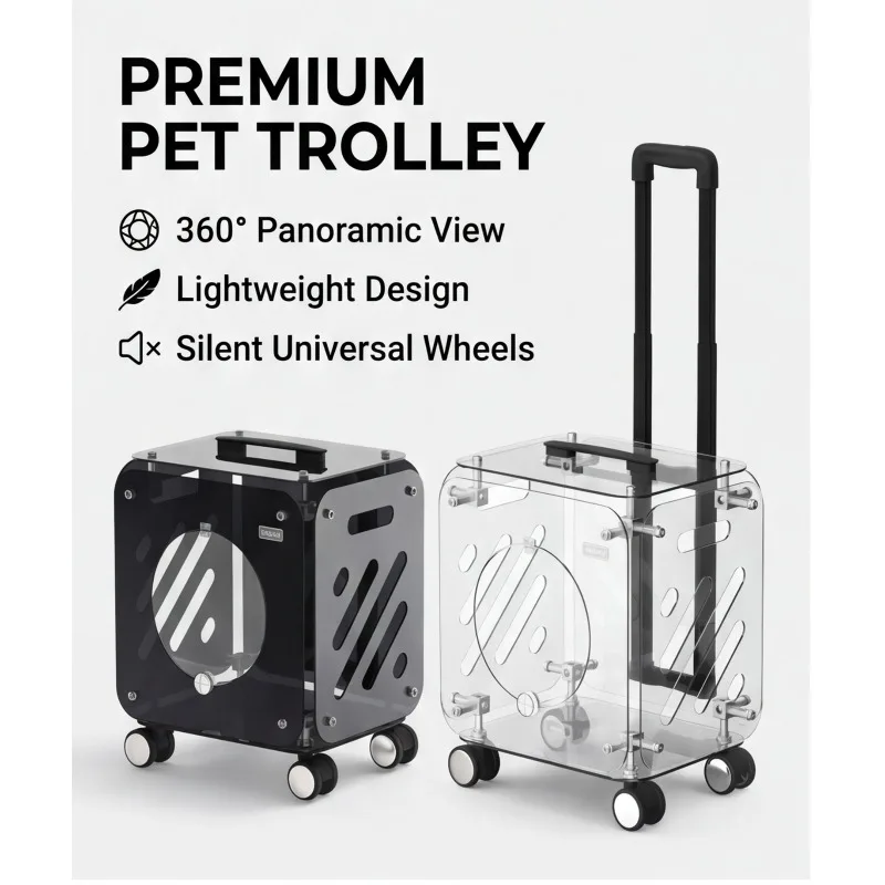 Adjustable Waterproof Transparent Acrylic‑PC Pet Stroller Large‑Breathable Portable Cart with Silent Wheels for Cats Dogs