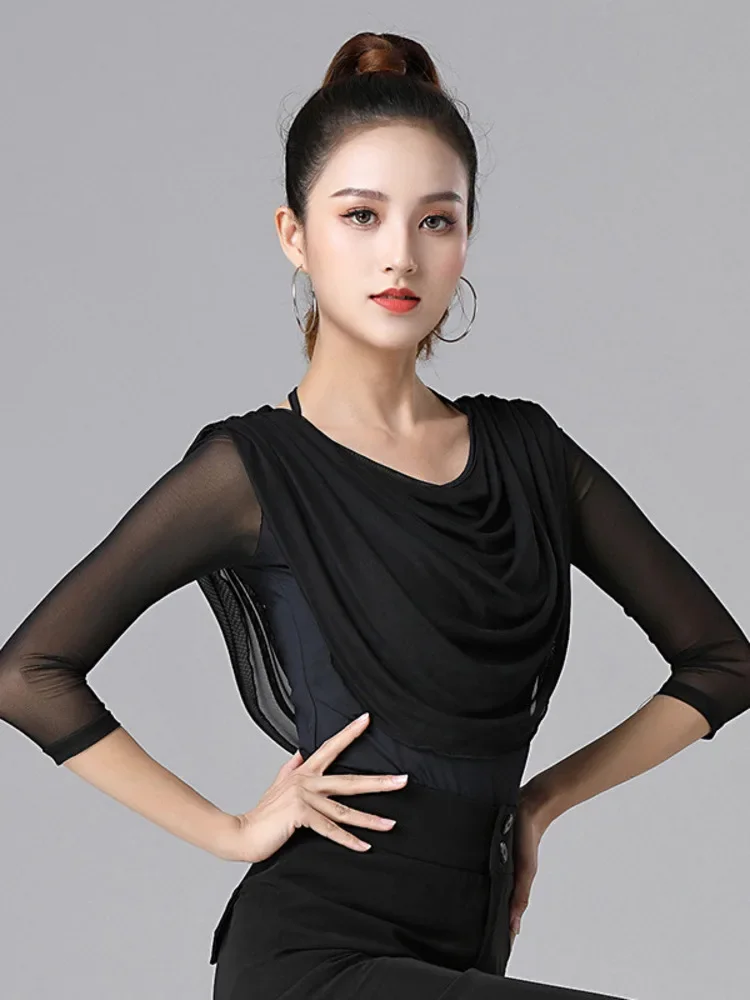 Elegant Slim Fit Ruffle Tassels Tops Dance Sports Costume Women Latin Top Waltz Adult Modern Wear Solid Color Samba Clothing