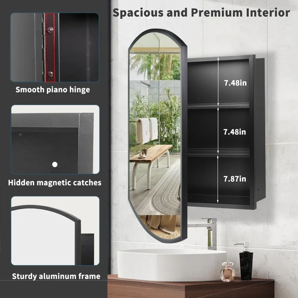 20 Inch x 31 Inch Black Beveled Arched Aluminum Medicine Cabinet with Mirror, Bathroom Mirror Storage, Surface Mount or Recess