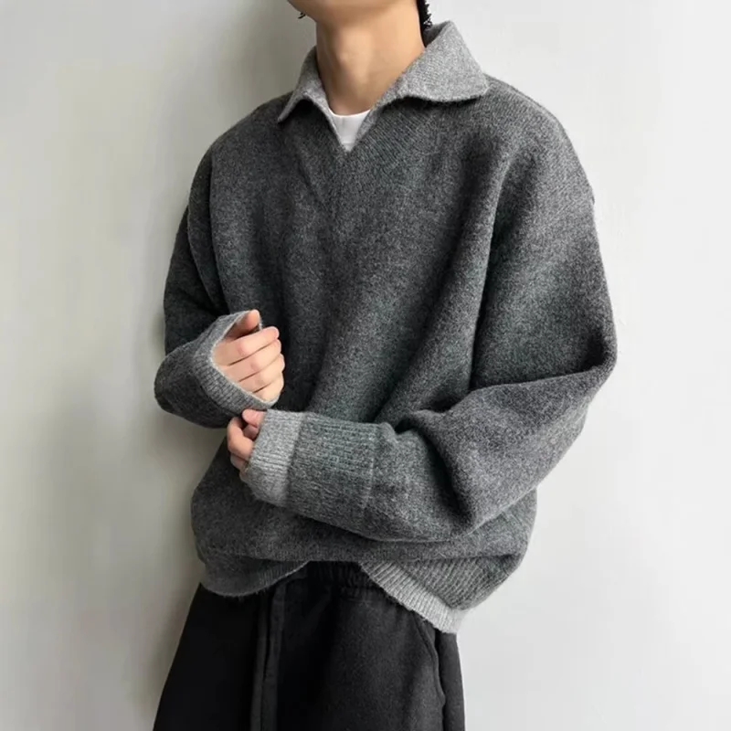 

Мужской осенне-зимний повседневный модный отпуск из двух частей, теплый вязаный базовый свитер с v-образным вырезом и высококачественным ощущением в стиле ретро