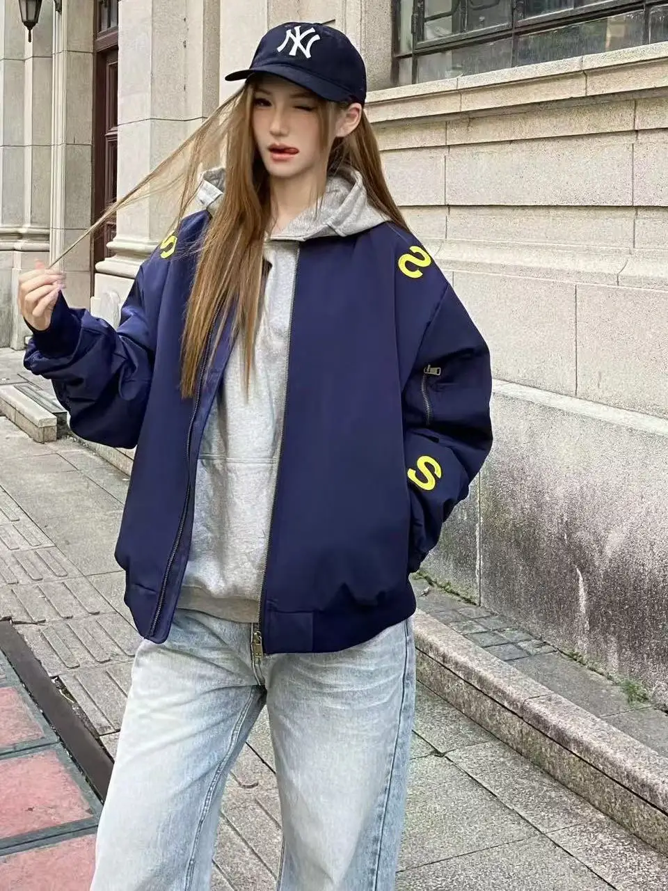 

Retro Embroidered Pilot Jaet Loose Fit ex Baseball Sle Outerwear Zipper Decorated Youth Trend Autumn Winter Coat