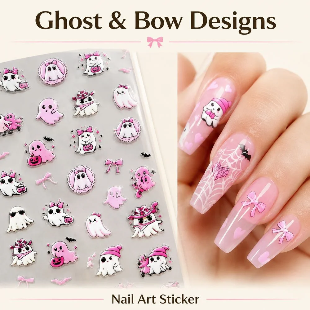 1Pc Self‑Adhesive 5D Nail Decals Cute Pastel Pink Ghost Bat Bow Elements Sweet Spooky Style Halloween DIY Nail Art Decor Sticker