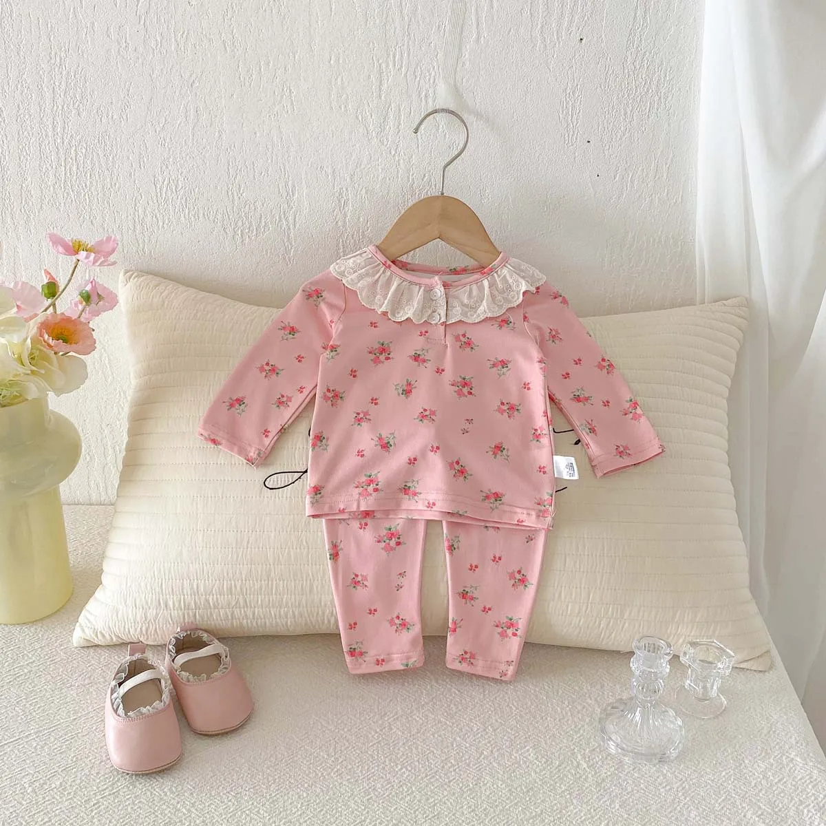 Spring and Autumn Style Girls' Printed Home Suit Set, Children's Stylish Lace Doll Collar Long Sleeved Base Two-piece Set