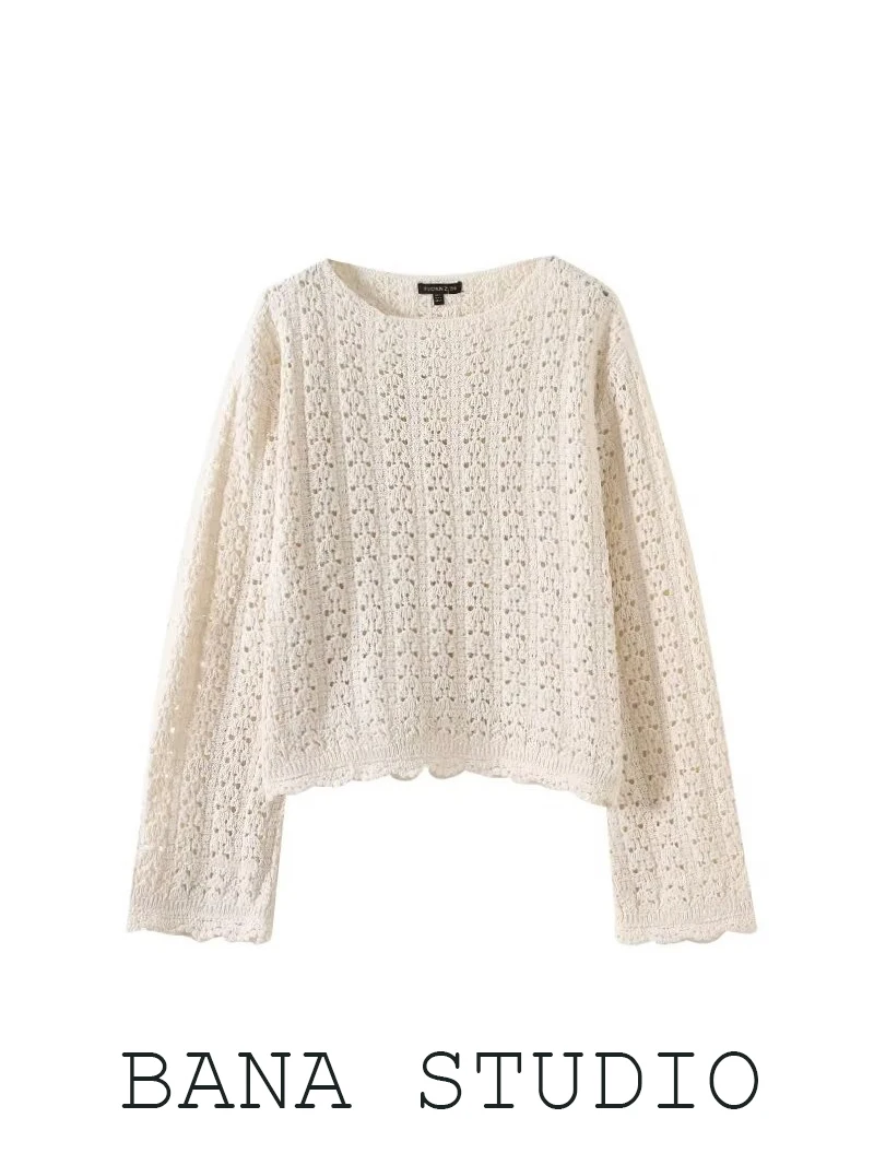Loose Lace Trim Knitted Top Women's Autumn Hollow out Knitwear Cleanfit Style round Neck Short Sleeve Long Sleeve Color