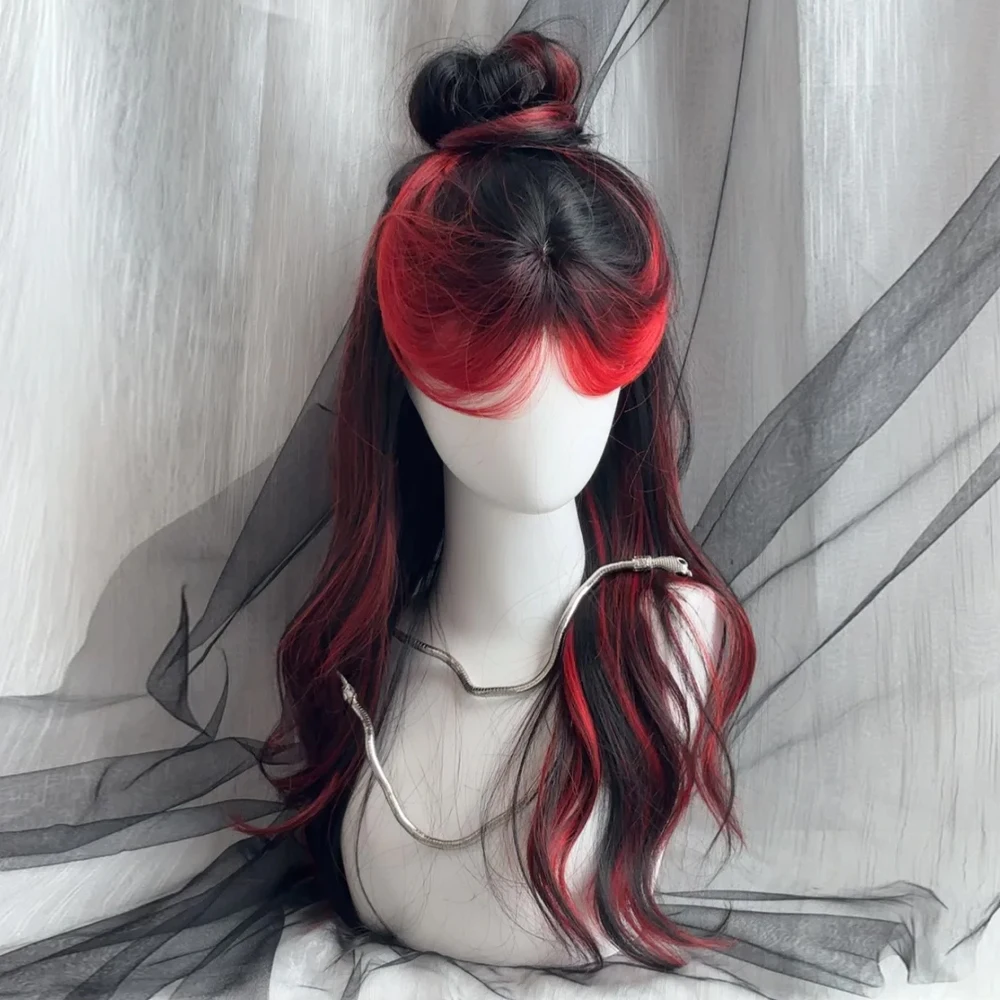 Schwarze Ombre-rote geschichtete Perücke, synthetische lange gewellte Damen-Perücke, flauschig, im Lolita-Stil, Mittelteil für die tägliche Party – Detail 1
