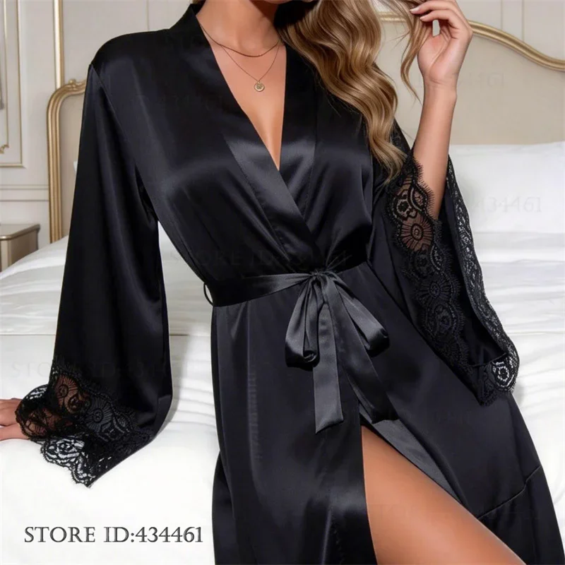 New Female Robe Home Dress Sexy Lace Trim Kimono Bathrobe Gown Spring Summer Black Ice Silk Sleepwear Nightgown Loungewear