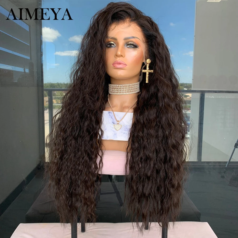 AIMEYA Synthetic Lace Front Wigs for Women Brown Wig Daily Used High Temperature Fiber Lace Wigs Deep Wave Cosplay Curly Wig