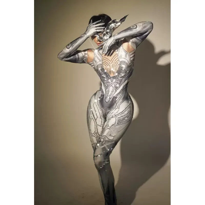 Women AK Costume Full Steel Tech Sense Long Sleeve Jumpsuit Nightclub Bar Dance Team Gogo Outfit Sexy Stage