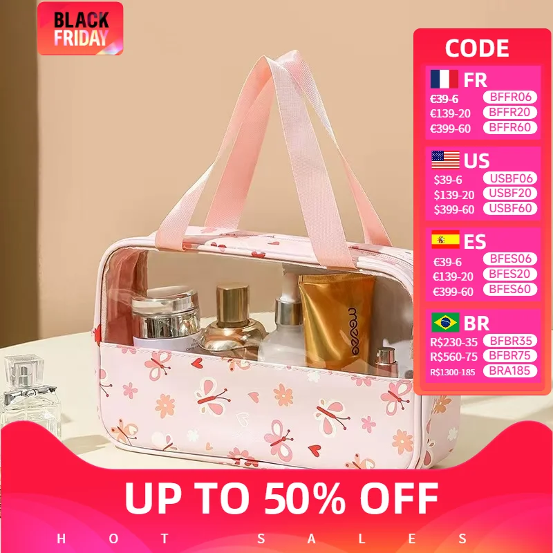 Splicing Handbag Large Capacity Printed Transparent Cosmetic Bag Sweet Macaron Travel Portable Toiletry Bag Storage Bag