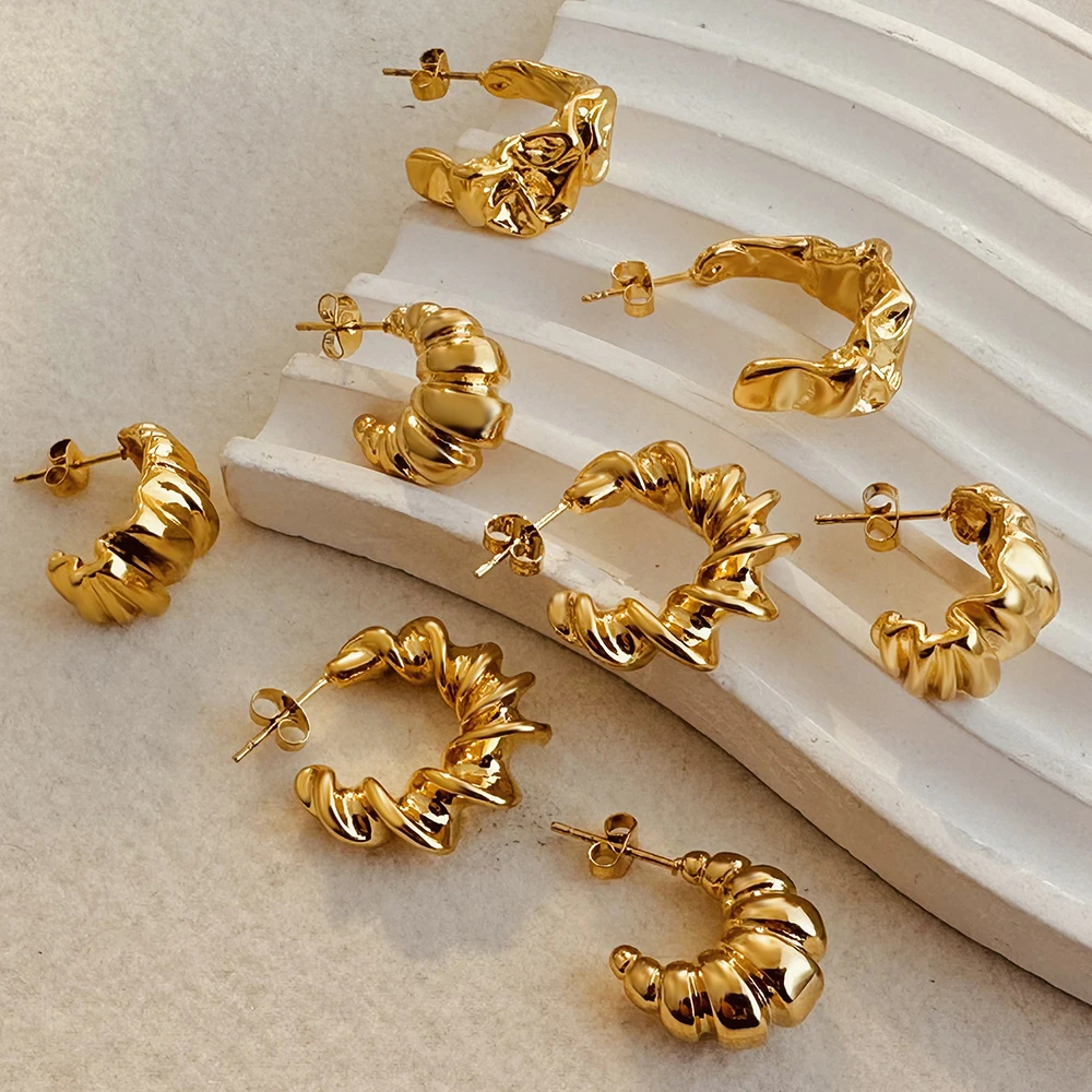 

New Trendy Irregular Hammered C Shape Hoop Earrings for Women Gold Plated Texture Twisted Ear Hoops Piercing Jewelry