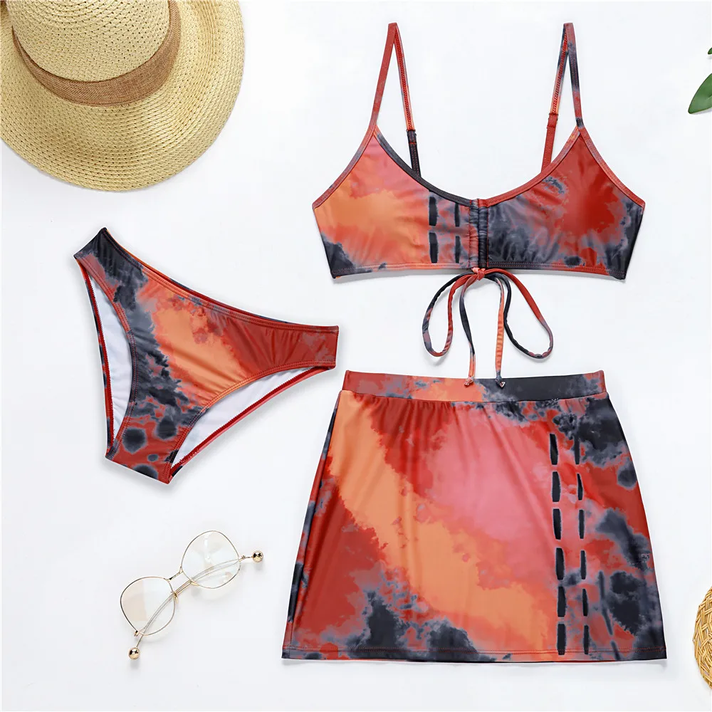 3 Piece Bikini Set Sexy Swimsuit Swimwear Women Drawstring Tie Dye Print Bikinis Set Bathing Suit Beach Skirt Cover Up Biquinis