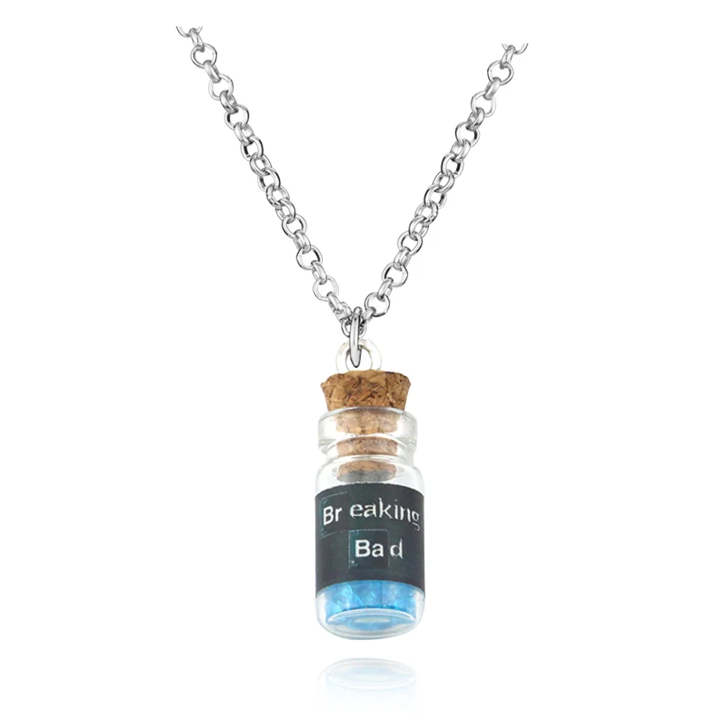 TV Breaking Bad Metal Pendant Necklace Inspired Crystal Sky Blue Vial Cork Bottle Necklace for Woman Men Keyring Jewelry