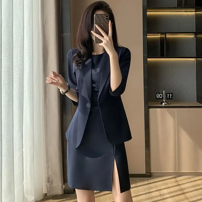 2-A104  High-grade suit skirt women's two-piece suit summer temperament formal profel dress mid-sleeve small suit jacket