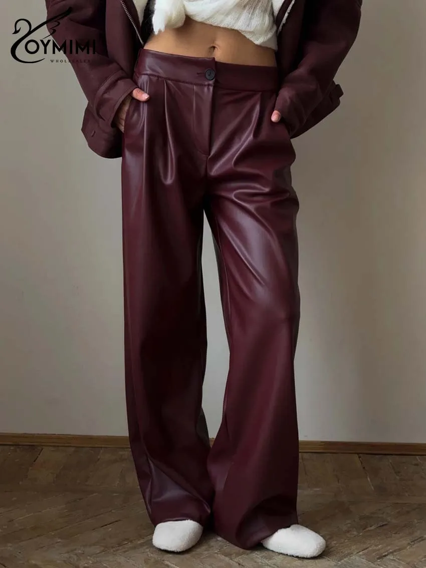 

Oymimi Elegant Wine Red Pu Leather Women's Pants Fashion Mid Waisted Straight Trousers Casual Button Pockets Trousers Streetwear