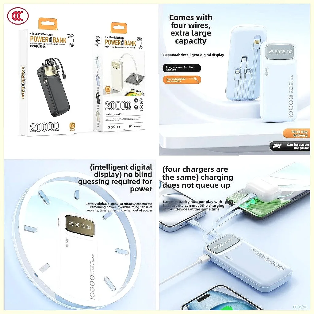 

【Сертификат CCC】Внешний аккумулятор ёмкостью 10000 мАч, ультратонкий, с цифровым дисплеем и встроенным кабелем Type-C, портативное зарядное устройство