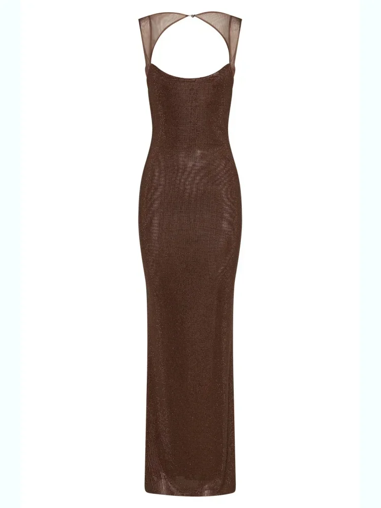Sexy vierkante kraag mesh patchwork diamanten lange jurk vrouwen backless glanzende strass slanke jurken avondfeest cocktailjurken - afbeelding 1