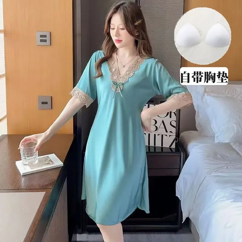 

Женская летняя ночная сорочка с круглым вырезом, повседневная, в стиле Ins, длинная, с кружевом, V-образный вырез, для весны/лета