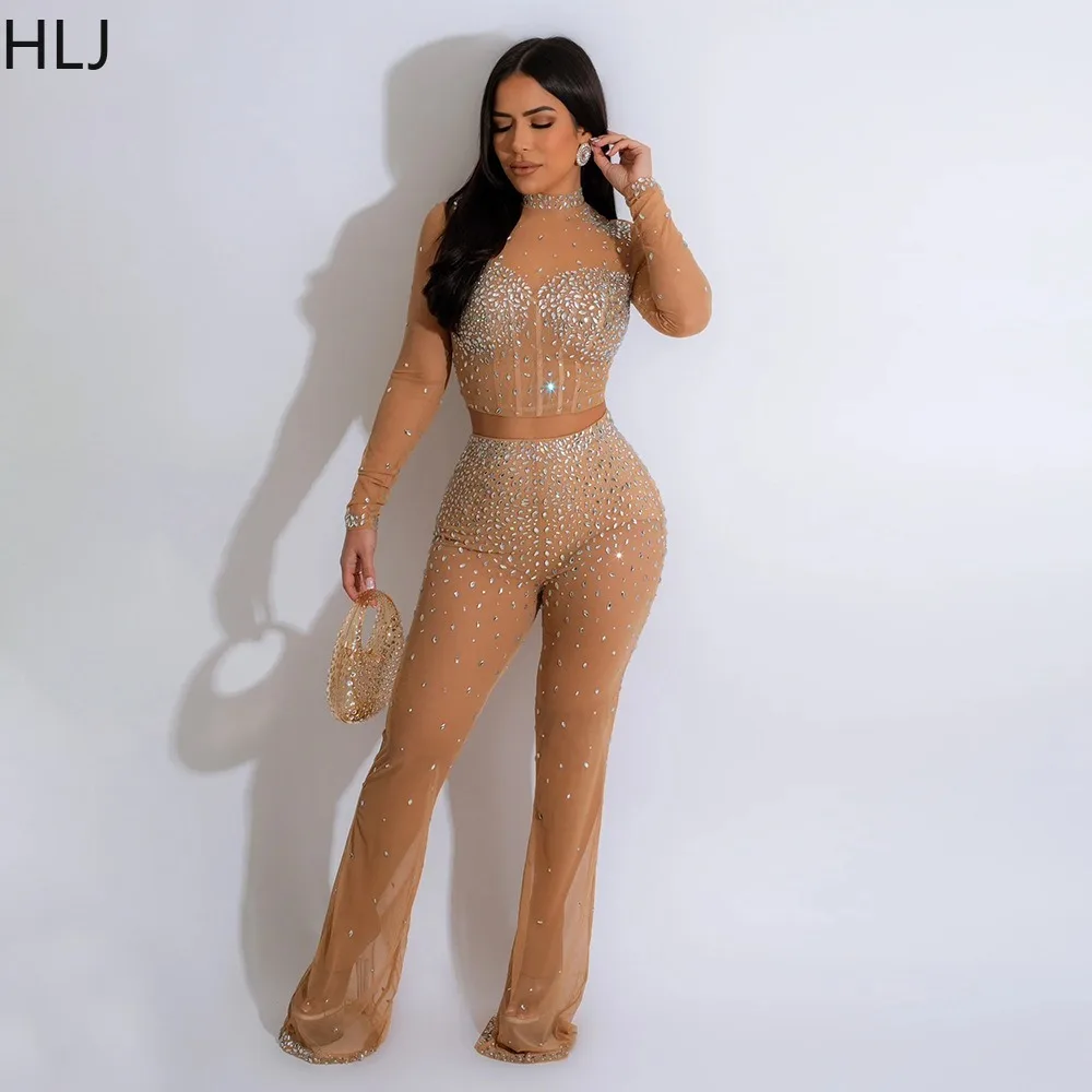 HLJ Fashion Rhinestones Mesh Perspective Two Piece Set Women O Neck Long Sleeve Crop Top And Pants Outfits Sexy Party Club Suits