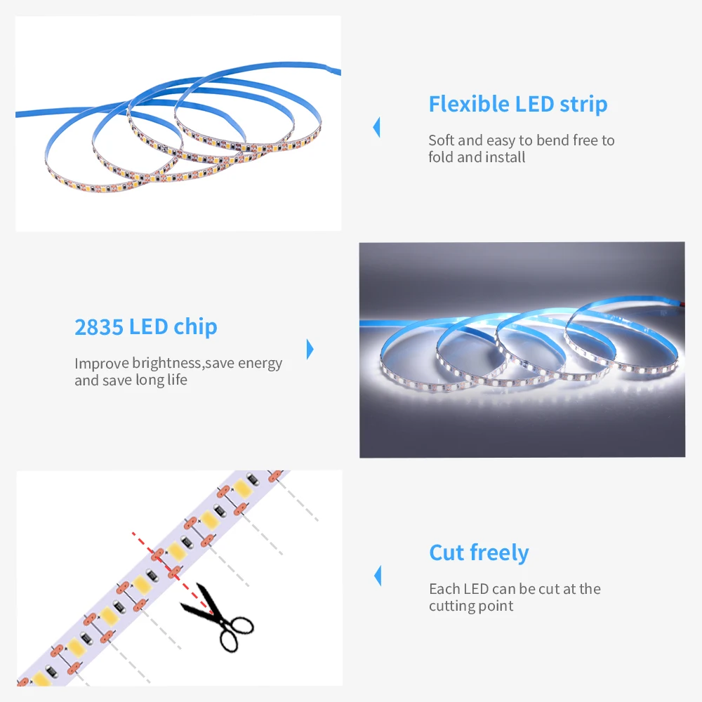 10M LED Strip Light 5mm 8mm Flexible Led Tape Ribbon 1LED Can Be Cut 24V 2835 120LEDs/M Rope Light with Adhesive