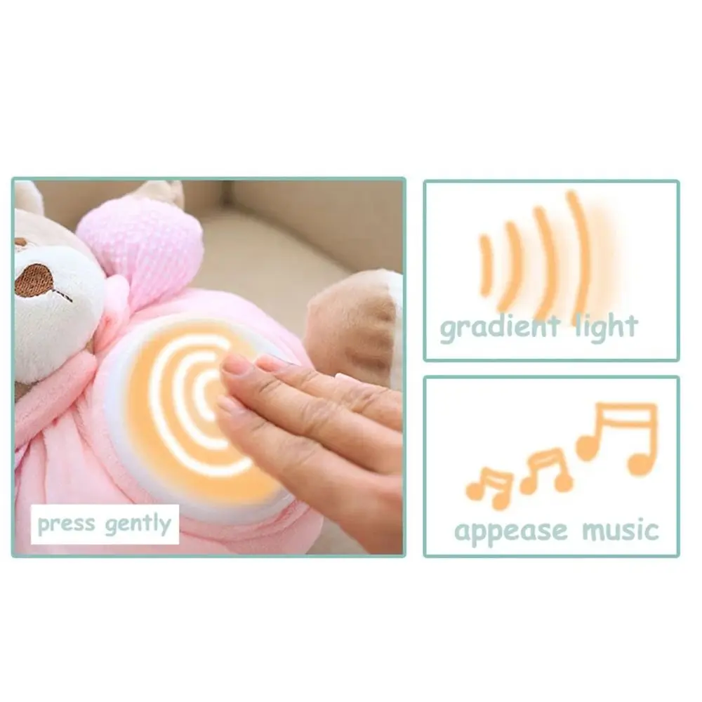 แบบพกพา Musical Appease ของเล่นหมีกดประเภท Soft Sleeping Comfort Bear Interactive Breathing Light Baby Plush ตุ๊กตา Sleep