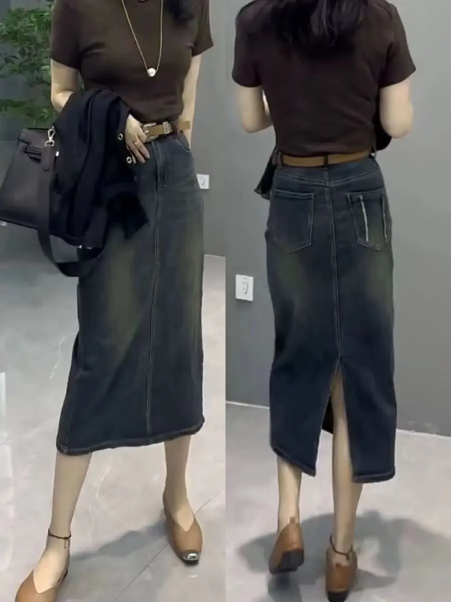 

High Waist A-Line Midi Denim Skirt for Women Summer plus Size Vintage Slimming Back Slit Casual Fit Leather Skirt