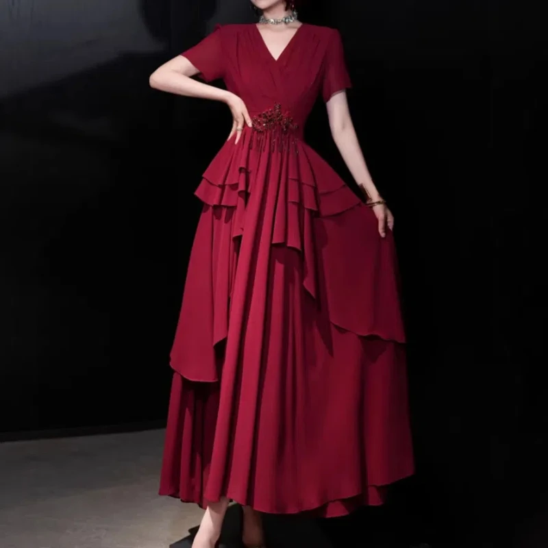 

Women's V-Neck Short Sleeve Ruffle Dress Diamond Beaded Solid Color Vintage Fashion Summer Asymmetry Dress For Females