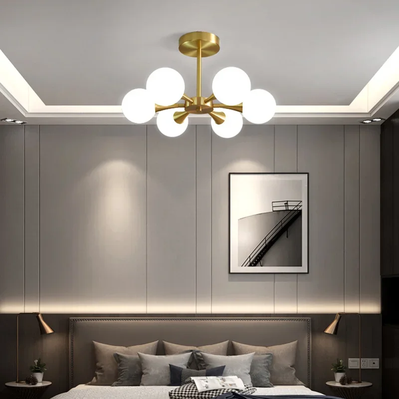 Nordic Bedroom Pendant Light Luxury Restaurant 4/6 Head Gold Chandeliers Home Decor Living Room Study All Copper Glass Lamps Led