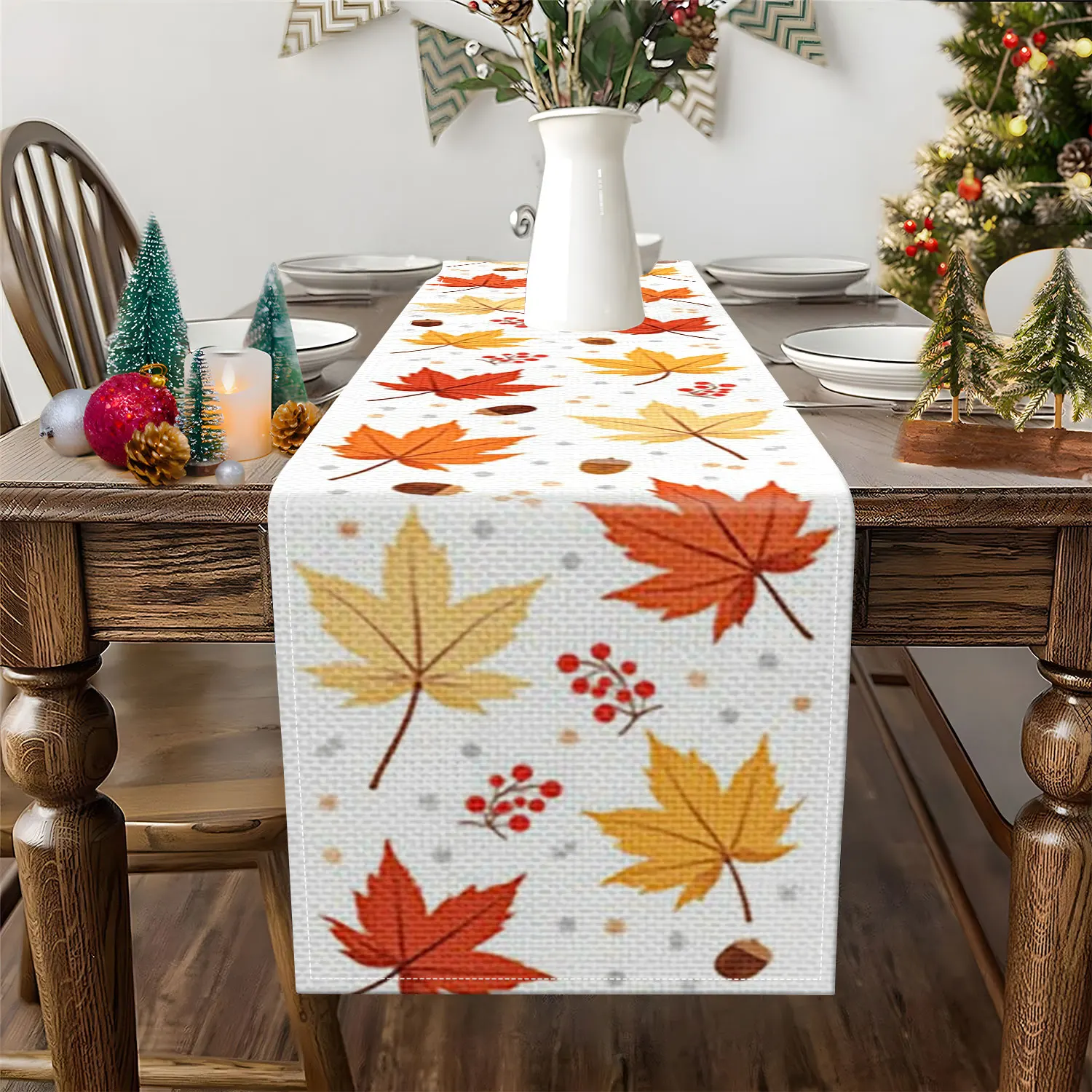 1 Piece of Autumn Maple Leaf Themed Table Runner, Decorated with Colorful Maple Leaves, Acorns, and Red Berries, Suitable for Autumn and Thanksgiving Decorations