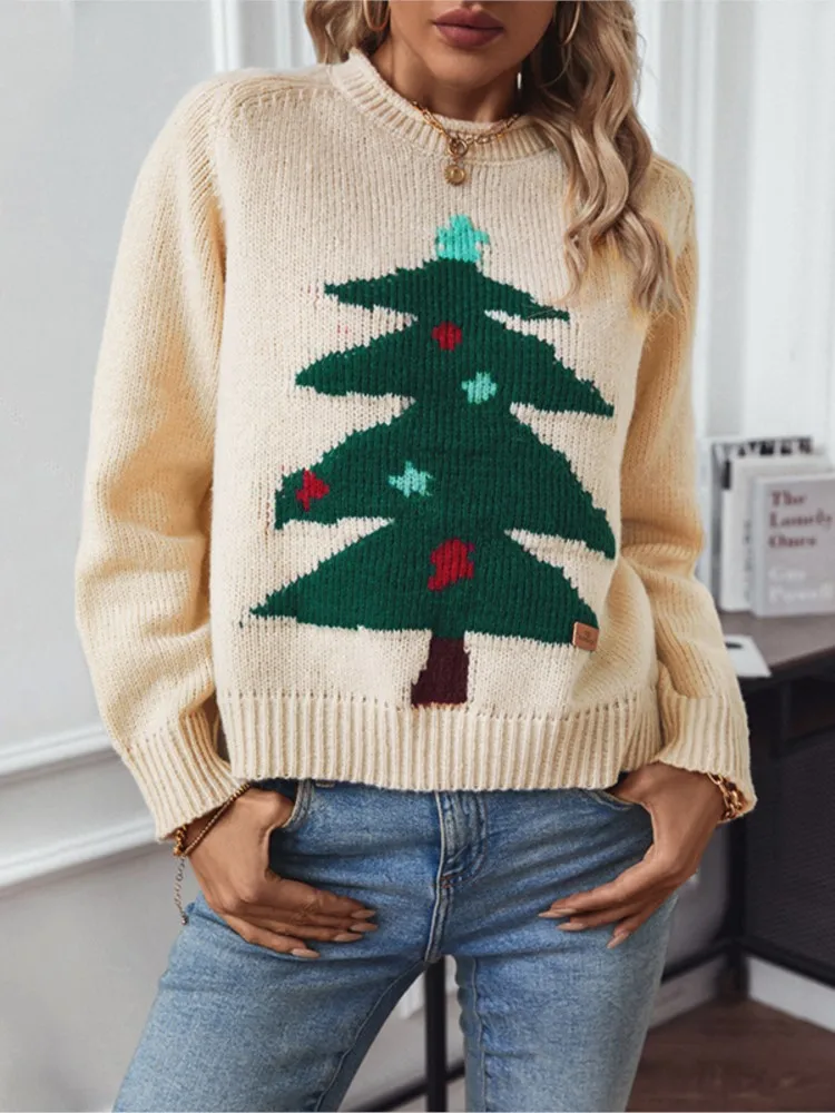 

estive Crewneck Sweater Women‘s, Knitted Christmas Tree Design Pullover, Long Sleeve Loose Casual Jumper