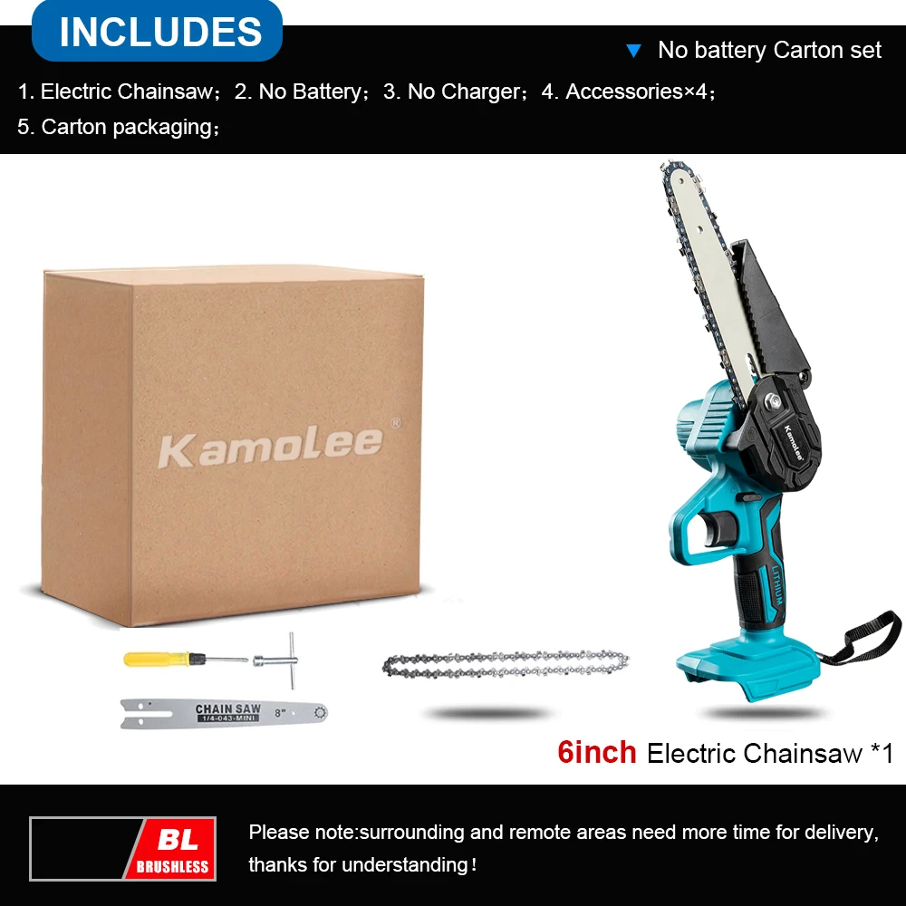 Kamolee Bürstenlose elektrische Kettensäge, 24 V, 4/6/8 Zoll, Mini-Kettensäge, Holzschneider, Beschneiden, Garten-Elektrowerkzeug, anwendbar auf 18 V 21 V Batterie